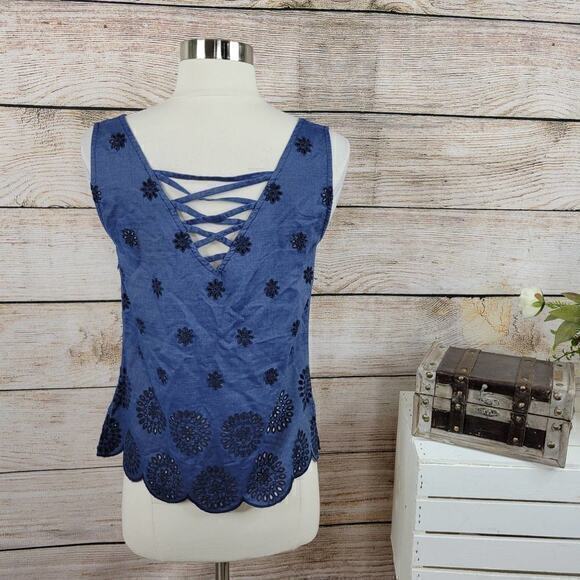 NWT Ecru Bardot Tank Navy Blue‎ Embroidered Eyelet Indigo Small - Picture 4 of 10